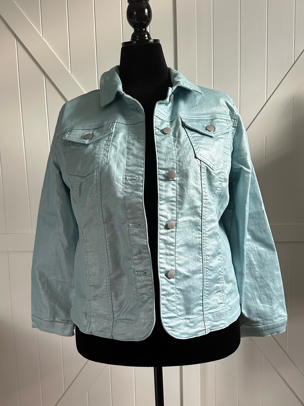 Chico’s Size 2 Aqua Blue Shimmer Stretch Denim Jacket Metallic Sheen Large 12